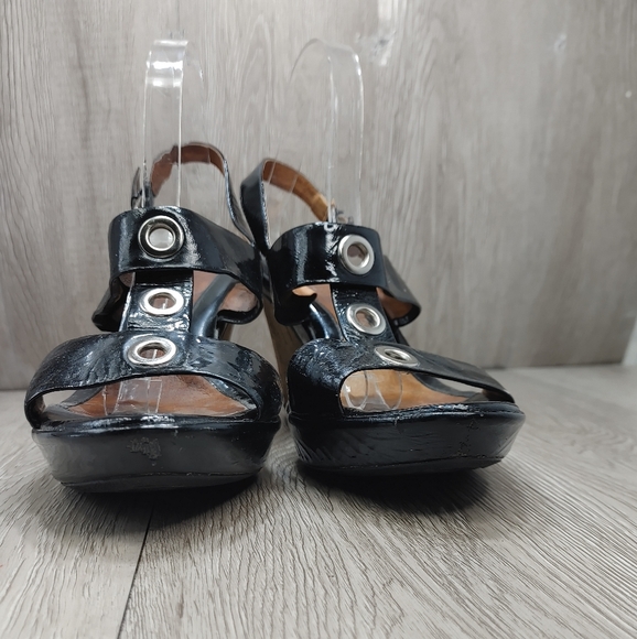 SOFFT Black Patent Leather Cork Wedge Montera Sandals T Strap Sling Back size 10 - Picture 5 of 12